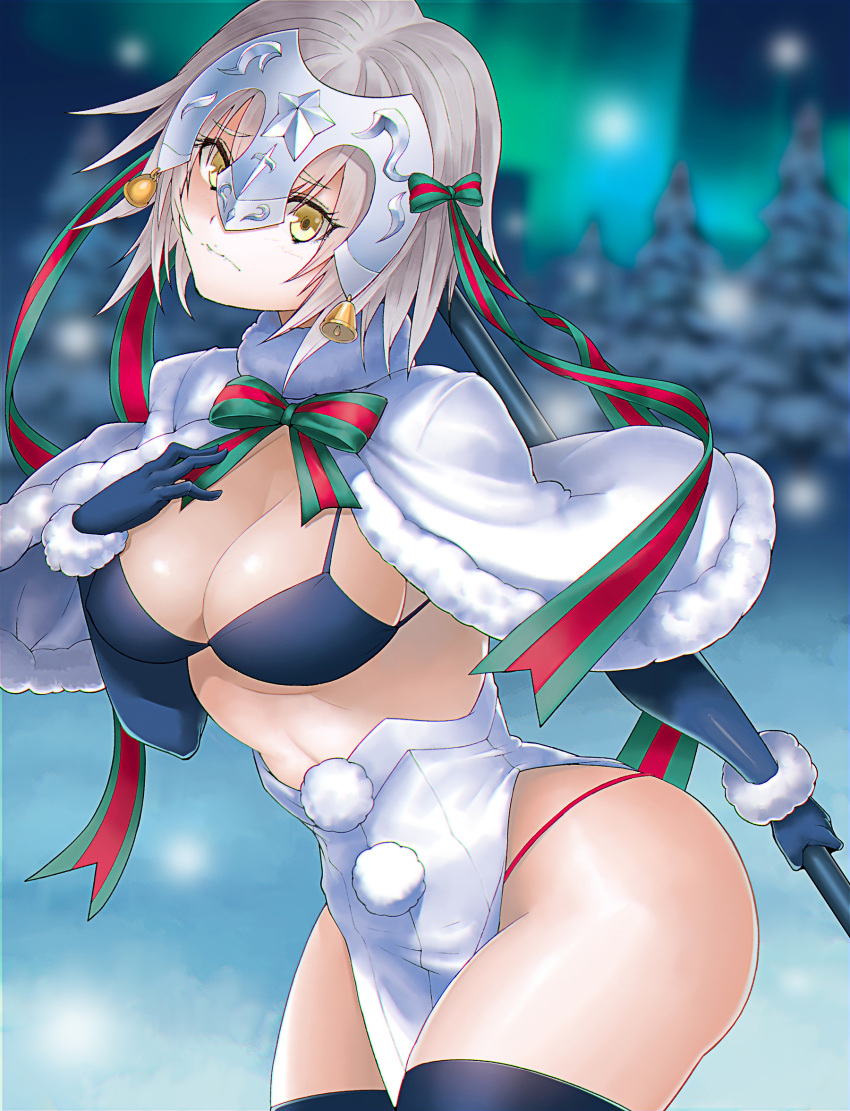 1girl bell black_bikini_top black_gloves black_legwear blurry bow breasts cleavage closed_mouth cowboy_shot depth_of_field elbow_gloves fate/apocrypha fate/grand_order fate_(series) gloves headpiece highres jeanne_d'arc_(fate)_(all) jeanne_d'arc_alter_santa_lily large_breasts leaning_forward looking_at_viewer ribbon short_hair silver_hair solo srsojiro striped striped_bow striped_ribbon thigh-highs yellow_eyes