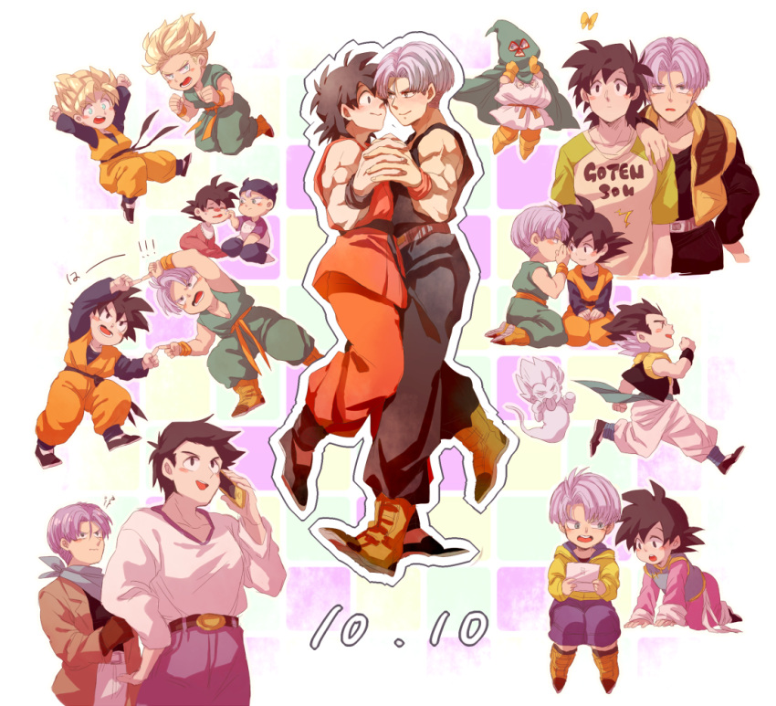 3boys :d :o annoyed baby black_eyes black_hair blonde_hair blue_eyes blush_stickers butterfly cellphone dancing dougi dragon_ball dragonball_z fusion_dance gotenks long_sleeves male_focus multiple_boys number open_mouth phone purple_hair running short_hair smile son_goten spiky_hair super_saiyan trunks_(dragon_ball) wristband