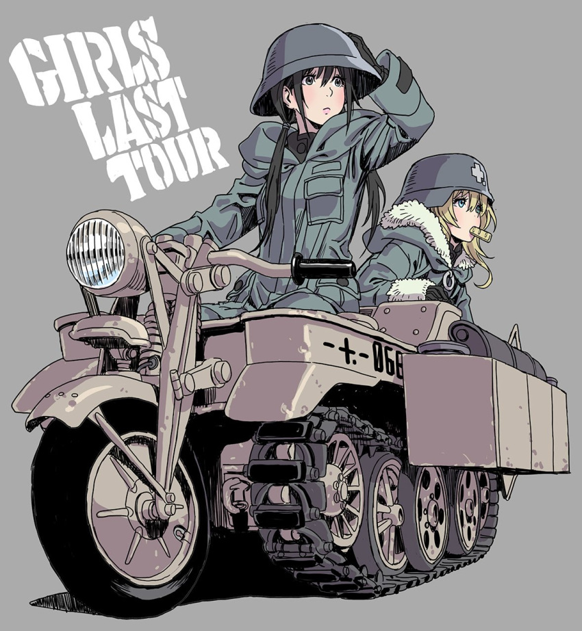 2girls black_gloves black_hair blonde_hair blue_eyes chito_(shoujo_shuumatsu_ryokou) coat fur_trim gloves helmet highres kettenkrad long_hair military military_uniform mouth_hold multiple_girls shoujo_shuumatsu_ryokou stahlhelm uniform yamashita_shun'ya yuuri_(shoujo_shuumatsu_ryokou)