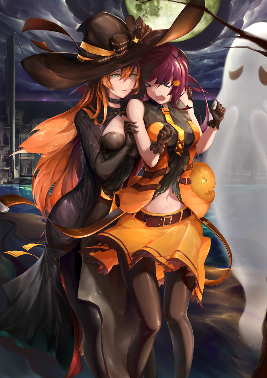 &gt;_&lt; 2girls arm_belt ascot bangs bare_shoulders black_gloves black_legwear blunt_bangs breasts brown_hair choker cityscape cleavage closed_mouth collared_dress cowboy_shot crescent_moon_symbol cross cross_necklace elbow_gloves fishnet_pantyhose fishnets ghost girls_frontline gloves green_eyes grey_gloves halloween halloween_costume hand_on_another's_arm hand_on_another's_shoulder hands_up hat hat_ornament highres jewelry large_breasts looking_at_another m1903_springfield_(girls_frontline) midriff multiple_girls navel necklace open_mouth pantyhose parted_lips pumpkin purple_hair purple_neckwear red_eyes renze_l sidelocks signature simple_background smile standing star_hat_ornament thigh-highs v-shaped_eyebrows wa2000_(girls_frontline) white_background wind wing_collar witch_hat