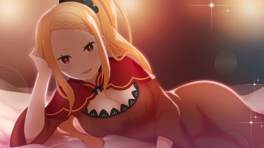 1girl :d bed_sheet blonde_hair breasts capelet cleavage dress hair_ornament hair_scrunchie high_ponytail highres indoors large_breasts lens_flare long_hair looking_at_viewer lying on_side open_mouth priscilla_barielle re:zero_kara_hajimeru_isekai_seikatsu red_dress red_eyes scrunchie smile solo sparkle very_long_hair