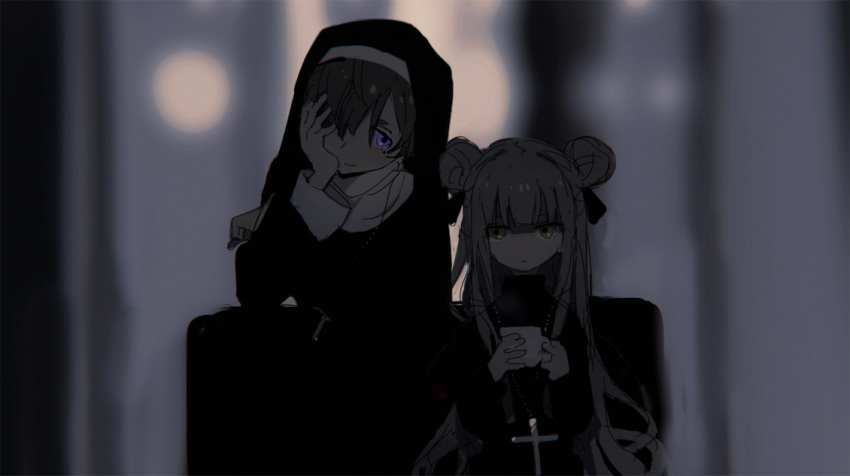 2girls :d bangs black_dress blonde_hair blunt_bangs blurry blurry_background closed_mouth cross cross_necklace cup depth_of_field double_bun dress hair_over_one_eye hirota_tsuu holding jewelry long_hair looking_at_viewer multiple_girls necklace nun open_mouth original smile teacup veil violet_eyes yellow_eyes