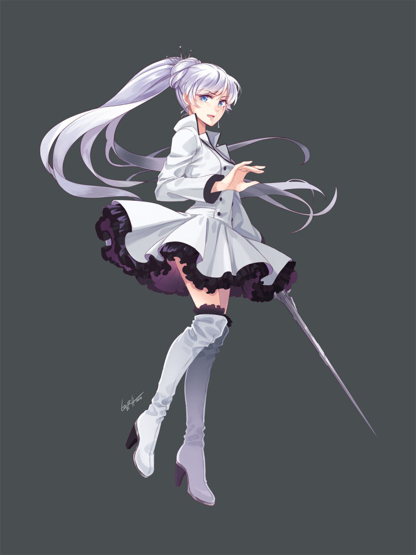 1girl blue_eyes boots dress eyebrows_visible_through_hair floating_hair full_body grey_background hair_ornament high_heel_boots high_heels high_ponytail highres holding holding_sword holding_weapon layered_dress long_hair looking_at_viewer lowah open_mouth rwby short_dress signature silver_hair solo sword thigh-highs thigh_boots very_long_hair weapon weiss_schnee white_dress white_footwear