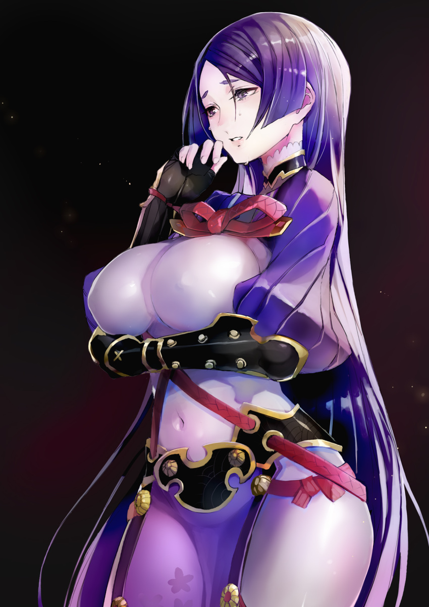 1girl belt black_gloves blush bodysuit breasts contrapposto covered_navel cowboy_shot erect_nipples fate_(series) fingerless_gloves gloves highres large_breasts long_hair minamoto_no_raikou_(fate/grand_order) parted_lips pelvic_curtain puffy_sleeves purple_background purple_bodysuit purple_hair solo sparks standing taishi_(picchiridou) tears vambraces very_long_hair violet_eyes