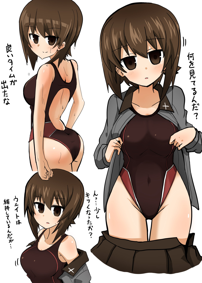 absurdres ass blush breasts brown_eyes brown_hair brown_skirt covered_navel eyebrows_visible_through_hair girls_und_panzer highres kumo_(atm) looking_at_viewer motion_lines nishizumi_maho short_hair skirt smile swimsuit swimsuit_under_clothes translation_request wet white_background