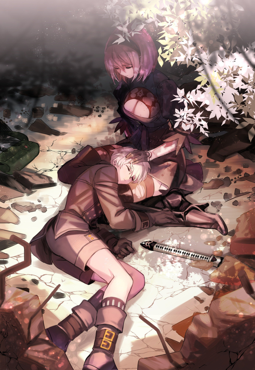 1boy 1girl absurdres black_choker black_dress black_hairband black_jacket choker cleavage_cutout couple dress hairband highres jacket juliet_sleeves leotard long_sleeves mole mole_under_mouth nier_(series) nier_automata ninto no_blindfold puffy_sleeves sleeping smile thighhighs_under_boots white_hair white_leotard yorha_no._2_type_b yorha_no._9_type_s