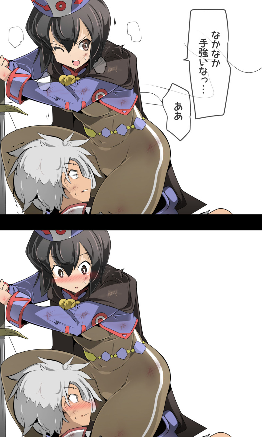 1boy 1girl 2koma black_bodysuit black_cape black_hair blue_jacket blush bodystocking bodysuit brown_eyes cape chloe_valens comic cropped_jacket embarrassed girl_on_top grey_hair hat highres injury jacket kneeling senel_coolidge short_hair simple_background sword tales_of_(series) tales_of_legendia translation_request weapon white_background zinger_(excess_m)