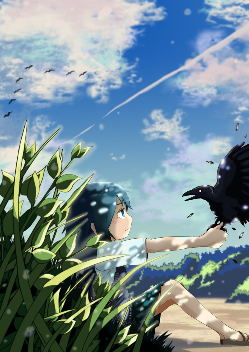 1girl aiki_(pixiv24869763) aqua_eyes aqua_hair backlighting bare_legs bird blue_sky blush_stickers brown_footwear clouds cloudy_sky commentary_request condensation_trail crow day feathers flapping flock green_skirt highres holding jitome knees_up light_smile looking_at_another nature no_pupils no_socks original outdoors outstretched_arm path pleated_skirt profile road sandals school_uniform shade shirt sitting skirt sky solo sweater_vest tree_shade weeds white_shirt