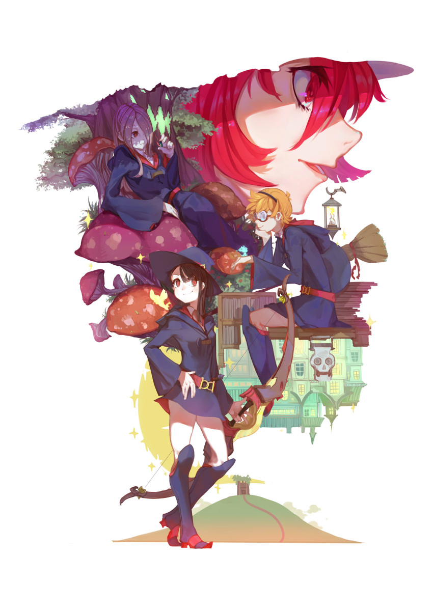 4girls absurdres blue_eyes bow_(weapon) broom brown_hair forte full_body hair_over_one_eye hairband hat highres hooded_robe kagari_atsuko little_witch_academia long_hair loose_belt lotte_jansson multiple_girls mushroom open_mouth orange_hair red_eyes redhead robe shiny_chariot short_hair sitting smile standing sucy_manbavaran weapon witch witch_hat