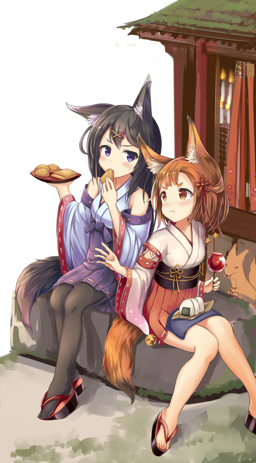 2girls :d aburaage animal_ears bare_shoulders bell black_hair black_legwear brown_eyes brown_hair candy_apple detached_sleeves food food_in_mouth fox fox_ears fox_tail hair_ornament hairclip highres japanese_clothes jingle_bell long_hair multiple_girls onigiri open_mouth original outdoors pantyhose plate pout ribbon-trimmed_sleeves ribbon_trim sakura_ani short_hair sitting smile tail tears violet_eyes wide_sleeves