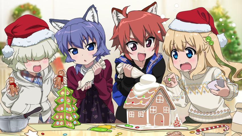 &gt;:d 1boy 3girls ahoge animal_ears black_dress blonde_hair blue_eyes blue_hair blurry blush bowl candy candy_cane christmas_tree christmas_wreath commentary_request cowboy_shot depth_of_field dress fang floral_print food furrowed_eyebrows gingerbread gingerbread_house gingerbread_man gingerbread_tree hair_bobbles hair_ornament hair_over_eyes hat icing indoors jacket jelly_bean long_hair long_sleeves looking_down looking_to_the_side multiple_girls open_mouth original pastry_bag plaid plaid_shirt purple_cardigan red_eyes redhead santa_hat shirt short_hair sweater table tonbi track_jacket tree two_side_up untucked_shirt whisk white_hair wolf_ears