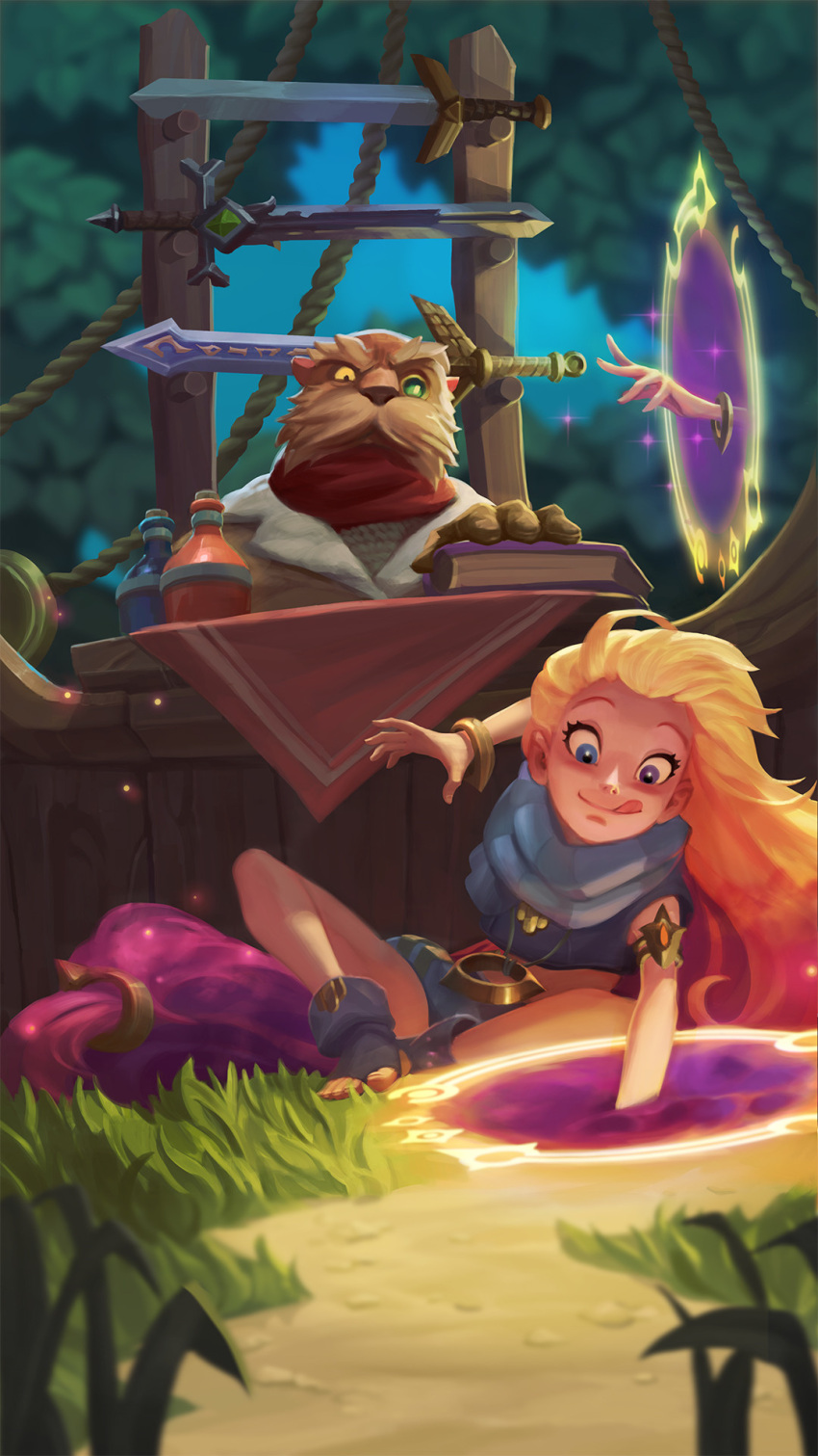 1girl armlet blue_eyes book bracelet braid crop_top feet grass heterochromia highres jewelry league_of_legends long_hair luka_brico merchant midriff navel necklace official_art orange_hair outdoors potion purple_hair scarf smile sword theft toeless_legwear tongue tongue_out very_long_hair violet_eyes weapon zoe_(league_of_legends)