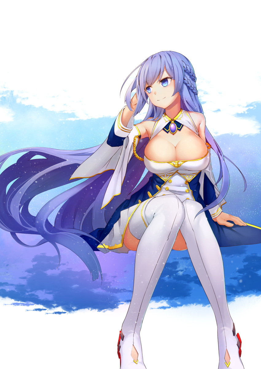 1girl absurdres azur_lane bare_shoulders blue_eyes boots braid breasts brooch cleavage detached_sleeves gallant99770 hand_in_hair highres jewelry large_breasts long_hair purple_hair rodney_(azur_lane) sitting smile solo thigh-highs thigh_boots white_legwear
