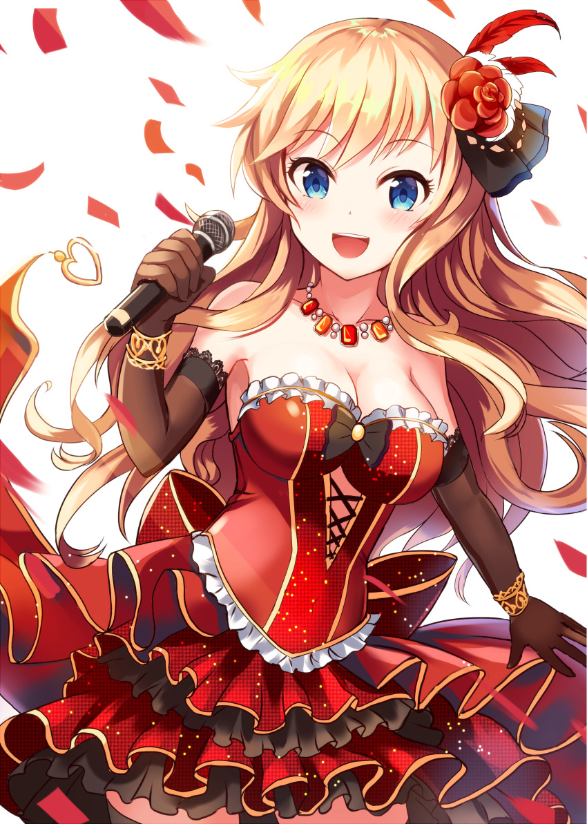 1girl :d absurdres bare_shoulders blonde_hair blue_hair breasts brown_gloves cleavage collarbone dress elbow_gloves feathers flower frilled_dress frills gloves hair_feathers hair_flower hair_ornament highres holding holding_microphone idolmaster idolmaster_cinderella_girls jewelry layered_dress long_hair medium_breasts microphone necklace ootsuki_yui open_mouth red_dress sakura_ani simple_background smile solo white_background