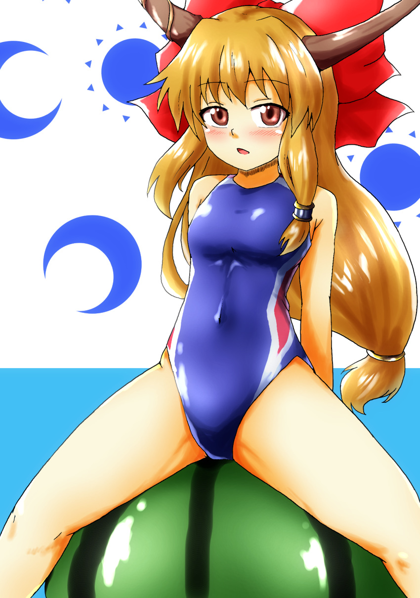 1girl blue_background blue_swimsuit blush breasts brown_eyes competition_swimsuit d-m_(dii_emu) food fruit highres horn_ribbon horns ibuki_suika long_hair looking_at_viewer multicolored multicolored_background one-piece_swimsuit oni orange_hair ribbon sitting small_breasts smile solo spread_legs swimsuit touhou watermelon white_background