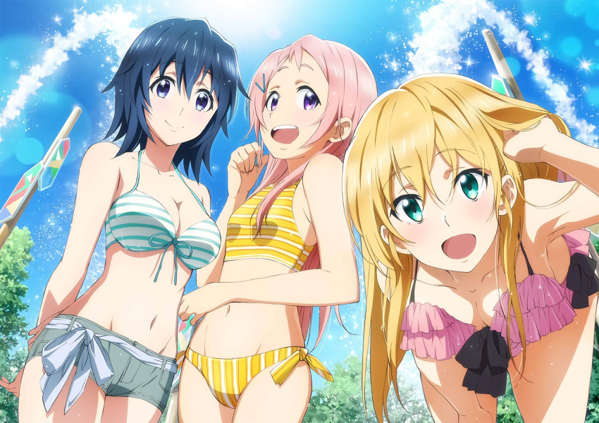 3girls :d aguri_(gamers!) arm_behind_back bent_over bikini bikini_shorts blonde_hair blue_eyes blue_hair blue_sky breasts cleavage collarbone cowboy_shot day eyebrows_visible_through_hair from_below front-tie_bikini front-tie_top gamers! green_eyes groin hair_between_eyes hair_ornament hand_in_hair highres hoshinomori_chiaki lens_flare long_hair looking_at_viewer medium_breasts multiple_girls navel open_mouth outdoors pink_bikini pink_hair shorts sky small_breasts smile sports_bikini standing striped striped_bikini swimsuit tendou_karen violet_eyes yellow_bikini