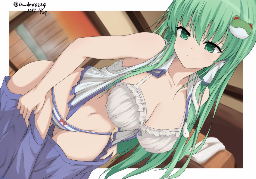 1girl absurdres bare_arms bare_shoulders blue_skirt bow bow_panties bra breasts cleavage dutch_angle frog_hair_ornament furiruno green_eyes green_hair hair_ornament highres indoors kochiya_sanae large_breasts long_hair navel panties skirt smile snake_hair_ornament solo striped striped_legwear touhou underwear undressing white_bra