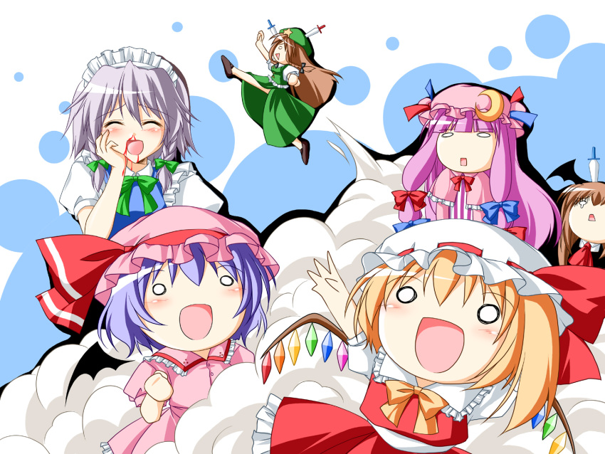 :d ^_^ alternate_hair_color ascot bat_wings blonde_hair blood blue_hair blush bow braid brown_hair chibi china_dress chinese_clothes closed_eyes crescent dress expressionless flandre_scarlet flying_kick frills hair_bow hand_on_own_cheek hand_on_own_face hat hat_ribbon head_wings highres hong_meiling izayoi_sakuya kamiya_tomoe kicking knife knifed koakuma maid maid_headdress necktie nosebleed o_o open_mouth patchouli_knowledge pink_dress purple_hair red_dress remilia_scarlet ribbon side_slit silver_hair smile smoke star teardrop touhou twin_braids wallpaper wings