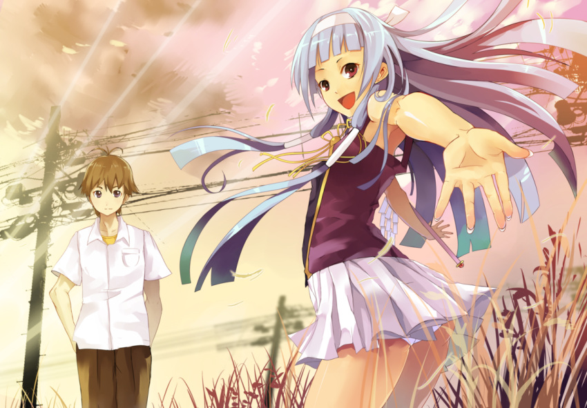 1boy 1girl :d bad_id bangs blue_hair blunt_bangs brown_eyes brown_hair hairband kannagi long_hair looking_at_viewer looking_back mikuriya_jin nagi nauribon open_mouth panties power_lines purple_eyes smile underwear