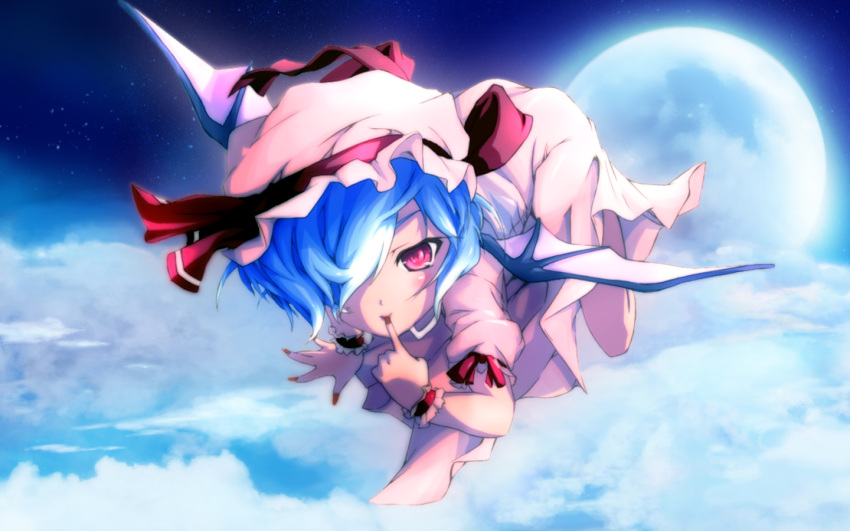 blue_hair finger_to_mouth flying full_moon hair_over_one_eye hat mefix moon nail_polish remilia_scarlet ribbon short_hair sky tongue touhou wallpaper wings wrist_cuffs