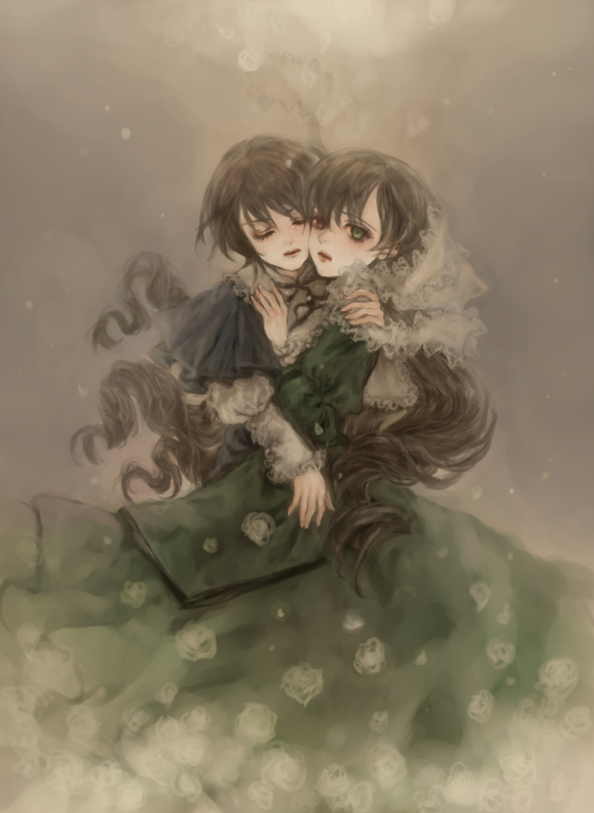 brown_hair closed_eyes dress frills heterochromia highres hug long_hair rozen_maiden short_hair souseiseki suiseiseki yukishiro yukishiro_(hitsuji)