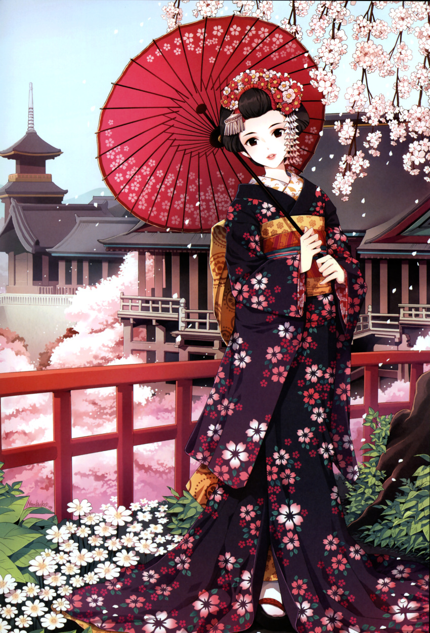 black_hair cherry_blossoms east_asian_architecture flower geisha geta hair_ornament highres japanese_architecture japanese_clothes kimono nardack oriental_umbrella original parasol petals solo umbrella