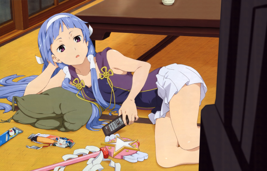 1girl absurdres arm_support bangs blue_hair blunt_bangs candy flat_chest hair_tubes hairband highres kannagi long_hair lying miniskirt nagi official_art on_floor on_side open_mouth pillow pleated_skirt purple_eyes remote ribbon scan skirt solo star table tank_top tatami television very_long_hair wand