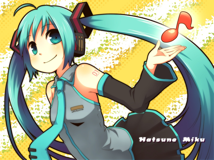 aqua_hair bad_id bare_shoulders detached_sleeves hatsune_miku headset highres hinata_(artist) long_hair magamoto musical_note necktie skirt smile solo twintails vocaloid