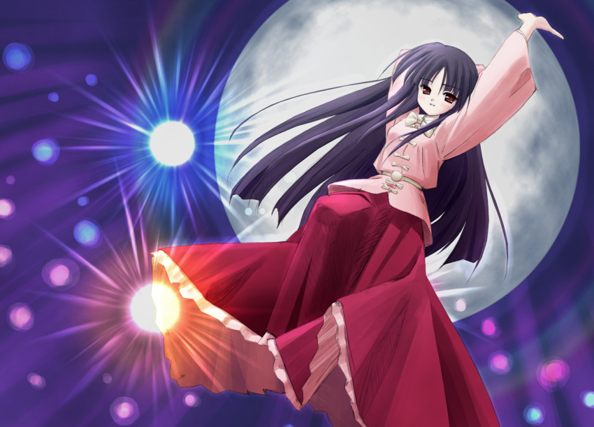 black_hair brown_eyes full_moon houraisan_kaguya long_hair long_skirt moon orino_yushi skirt touhou