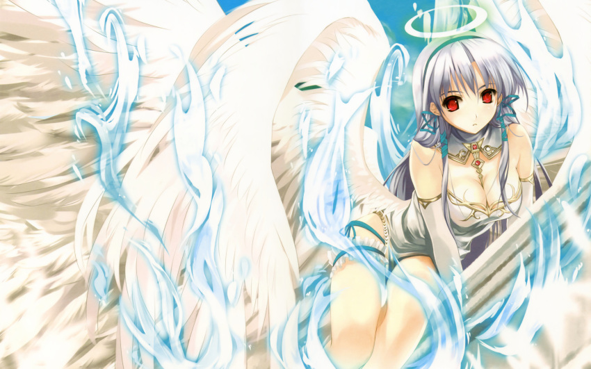 angel angel_wings arched_back arm_support bangs bare_shoulders between_breasts blue_fire blurry breasts cleavage cloud depth_of_field detached_collar dress elbow_gloves empty_eyes fire frills frown gloves glowing hair_ribbon hairband halo highres jewelry large_breasts leaning leg_garter long_hair looking_at_viewer lying misaki_kurehito multiple_wings outdoors parted_bangs payot red_eyes ribbon rooftop seraph silver_hair sky solo thighs turtleneck very_long_hair wallpaper widescreen wings