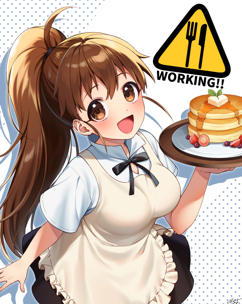 1girl :d absurdres apron black_bow black_skirt blueberry bow breasts brown_apron brown_eyes brown_hair butter collared_shirt commentary_request copyright_request employee_uniform food frilled_apron frills fruit highres holding holding_tray long_hair looking_at_viewer medium_breasts pancake pancake_stack plate ponytail sakura_chiyo_(konachi000) shirt skirt smile solo strawberry taneshima_popura tray very_long_hair white_background white_shirt working!!
