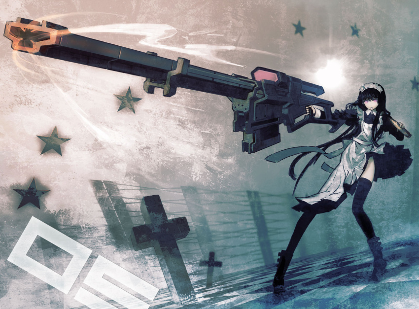 black_rock_shooter checkered cross gun highres huge_weapon huke long_hair maid maid_gunner pink_eyes thigh-highs thighhighs weapon