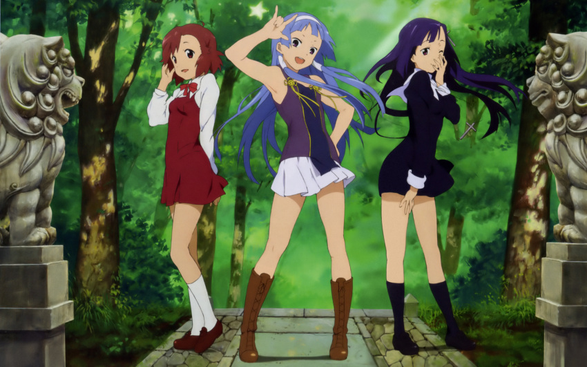 3girls :d aoba_tsugumi black_hair blue_hair blunt_bangs cross hair_tubes hairband highres kannagi looking_at_viewer nagi open_mouth purple_eyes red_eyes red_hair school_uniform skirt smile tree wallpaper zange