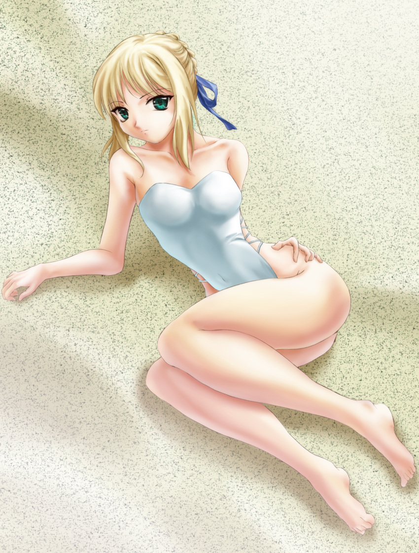 bare_shoulders barefoot blonde_hair collarbone fate/stay_night fate_(series) feet green_eyes highleg highleg_swimsuit highres one-piece one-piece_swimsuit ribbon saber swimsuit