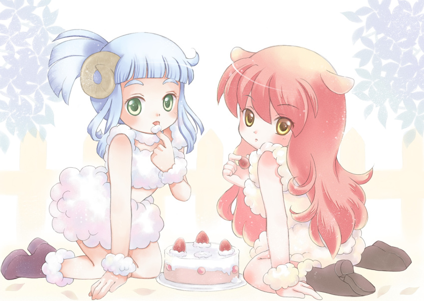 bad_id blue_hair boots cake child dog_ears food fruit green_eyes highres horns licking pastry pink_hair strawberry toyodaeri wool yellow_eyes