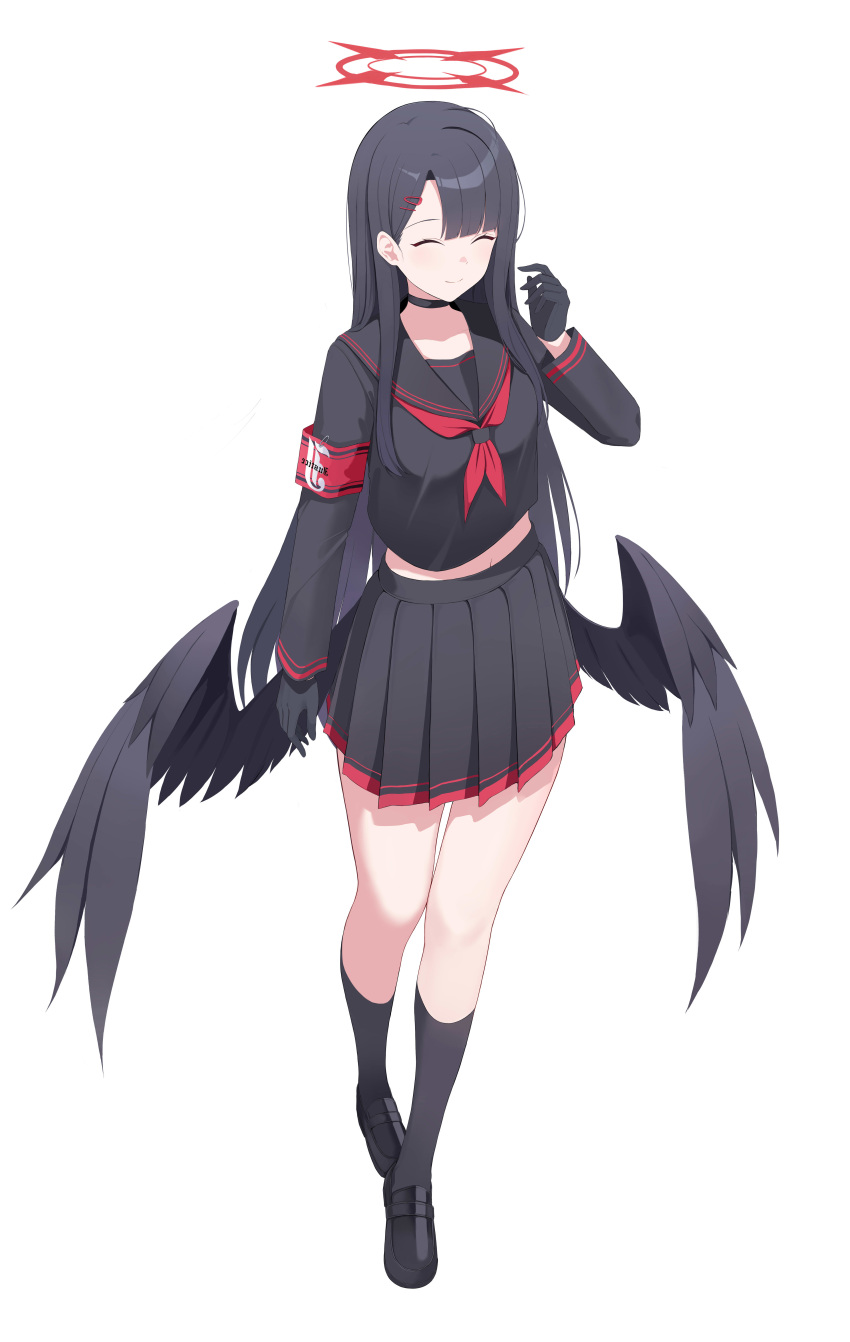 1girl absurdres armband black_choker black_footwear black_gloves black_hair black_sailor_collar black_serafuku black_skirt black_socks black_wings blue_archive blush choker closed_eyes closed_mouth feathered_wings full_body gloves hair_ornament hairclip halo highres ichika_(blue_archive) kuyoumi long_hair long_sleeves low_wings neckerchief pleated_skirt red_armband red_halo red_neckerchief safety_pin sailor_collar school_uniform serafuku shoes simple_background skirt smile socks solo white_background wings