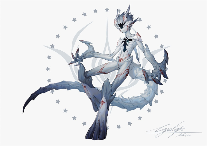 1boy arsh_(thestarwish) claws closed_mouth completely_nude full_body grey_hair horns male_focus monster_boy multiple_horns no_eyes nude original oversized_limbs short_hair signature solo standing standing_on_one_leg tail white_background
