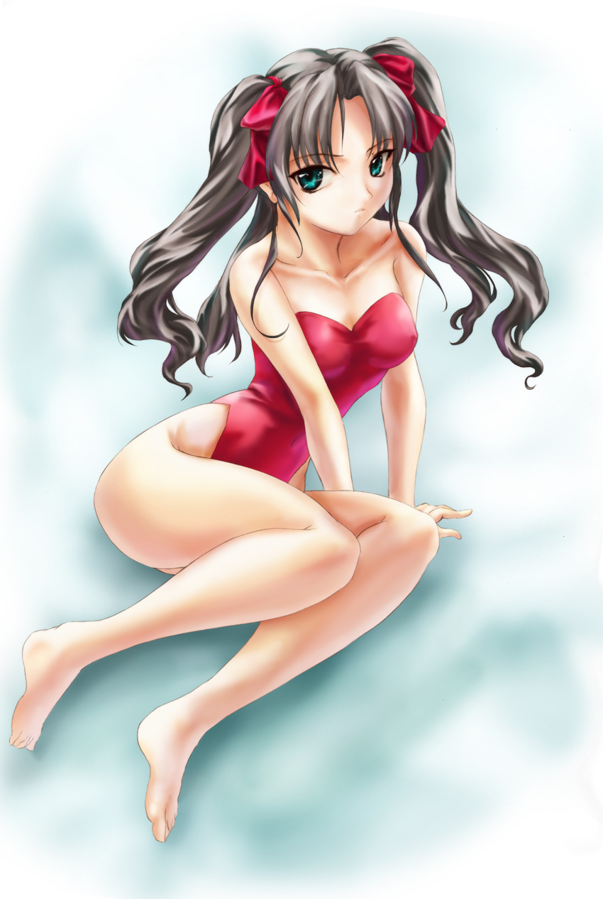 bare_shoulders barefoot black_hair collarbone fate/stay_night fate_(series) feet green_eyes highleg highleg_swimsuit highres kisaragi one-piece one-piece_swimsuit ribbon swimsuit tohsaka_rin toosaka_rin twintails