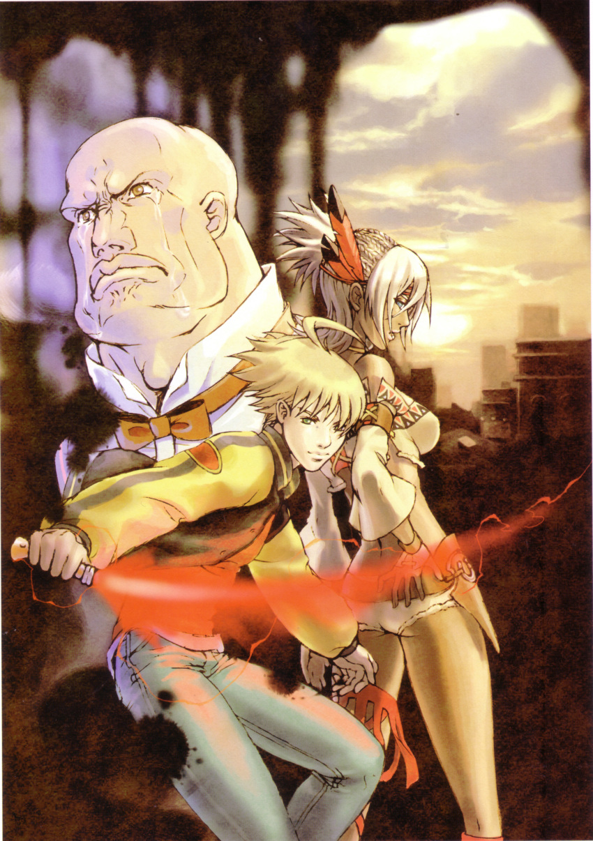 ass blonde_hair blue_eyes feathers green_eyes hair_ornament highres johnny_garland lenny_curtis manly_tears official_art scan shadow_hearts shadow_hearts_from_the_new_world shania