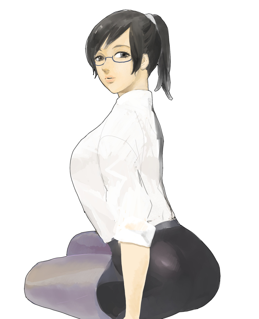 1girl 456 black_hair breast brown_eyes glasses gray_pantyhose highres holon pantyhose ponytail real_drive skirt sleeves_rolled_up solo yamada_humie
