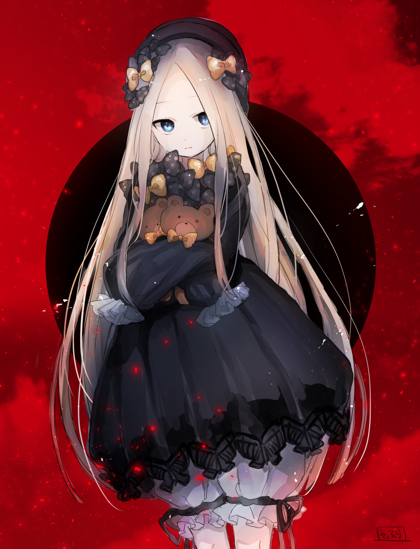 1girl :| abigail_williams_(fate/grand_order) absurdres bangs black_bow black_dress black_hat bloomers blue_eyes bow butterfly closed_mouth commentary_request cowboy_shot dress fate/grand_order fate_(series) hands_in_sleeves hat highres long_hair long_sleeves looking_at_viewer object_hug orange_bow parted_bangs polka_dot polka_dot_bow signature silver_hair sofra solo stuffed_animal stuffed_toy teddy_bear underwear very_long_hair white_bloomers