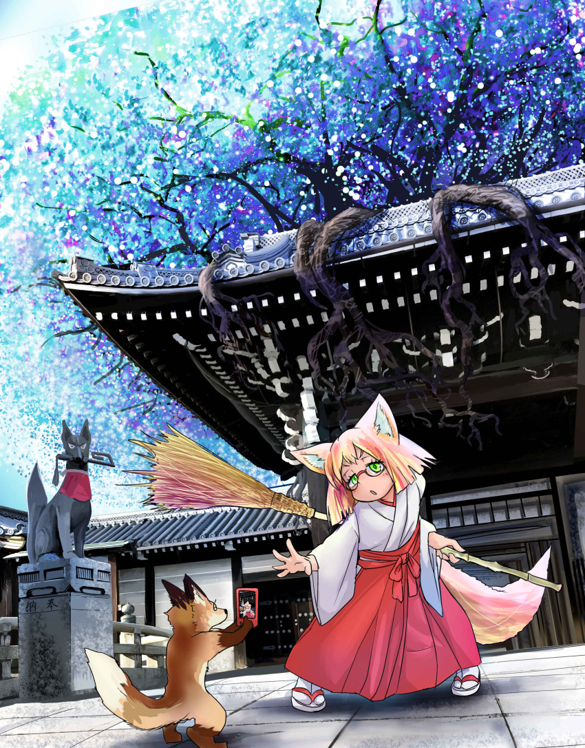 1girl absurdres animal_ears bangs blonde_hair broom building cellphone doitsuken fox fox_ears fox_tail glasses hakama highres holding holding_broom inari japanese_clothes long_sleeves miko original parted_lips phone pigeon-toed pose red-framed_eyewear red_eyes red_hakama roots sandals short_hair shrine smartphone standing statue tabi tail taking_picture tree under-rim_eyewear v-shaped_eyebrows white_legwear