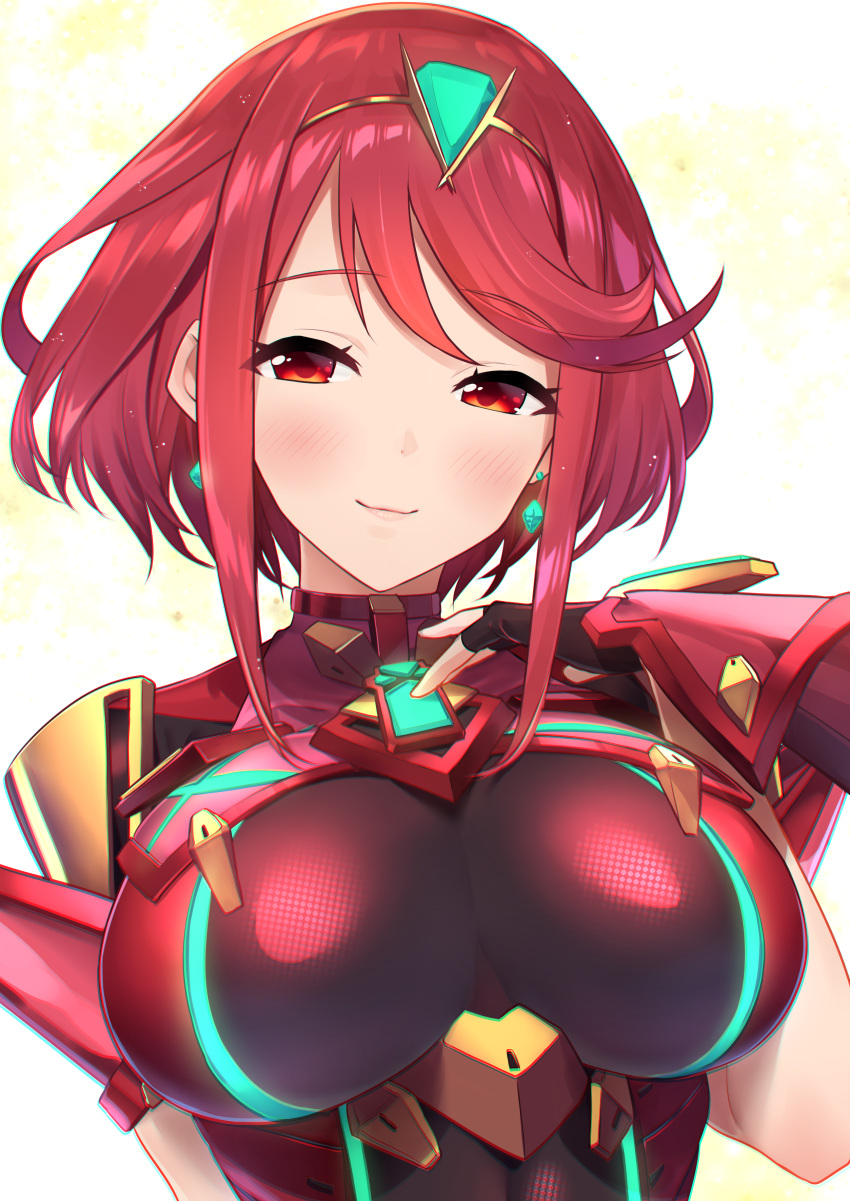 1girl absurdres arm_at_side armor baffu bangs black_gloves bodysuit breasts chromatic_aberration circlet closed_mouth earrings eyebrows_visible_through_hair fingerless_gloves gloves hand_on_own_chest highres pyra_(xenoblade) impossible_bodysuit impossible_clothes jewelry large_breasts looking_at_viewer red_eyes redhead simple_background smile solo swept_bangs upper_body xenoblade_2