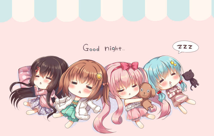 4girls :&lt; :3 =_= animal aoki_kaede bangs black_hair blush bow brown_hair cat chestnut_mouth chibi closed_eyes commentary_request dress drooling eyebrows_visible_through_hair frills fur-trimmed_jacket fur_trim green_shirt hair_between_eyes hair_bobbles hair_bow hair_ornament hairband jacket lilia_chocolanne long_hair low_twintails lying multiple_girls object_hug on_back open_clothes open_jacket original pink_camisole pink_jacket polka_dot polka_dot_dress polka_dot_pillow purple_dress red_bow red_hairband shirt sidelocks star star_hair_ornament striped striped_shirt stuffed_animal stuffed_dog stuffed_toy suzune_rena triangle_mouth twintails very_long_hair white_jacket zzz
