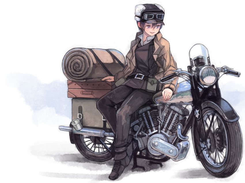 1girl bedroll belt_pouch coat cup fur_hat goggles goggles_on_headwear ground_vehicle hat hermes highres kino kino_no_tabi motor_vehicle motorcycle reverse_trap short_hair sitting suitcase tomboy white_background window1228