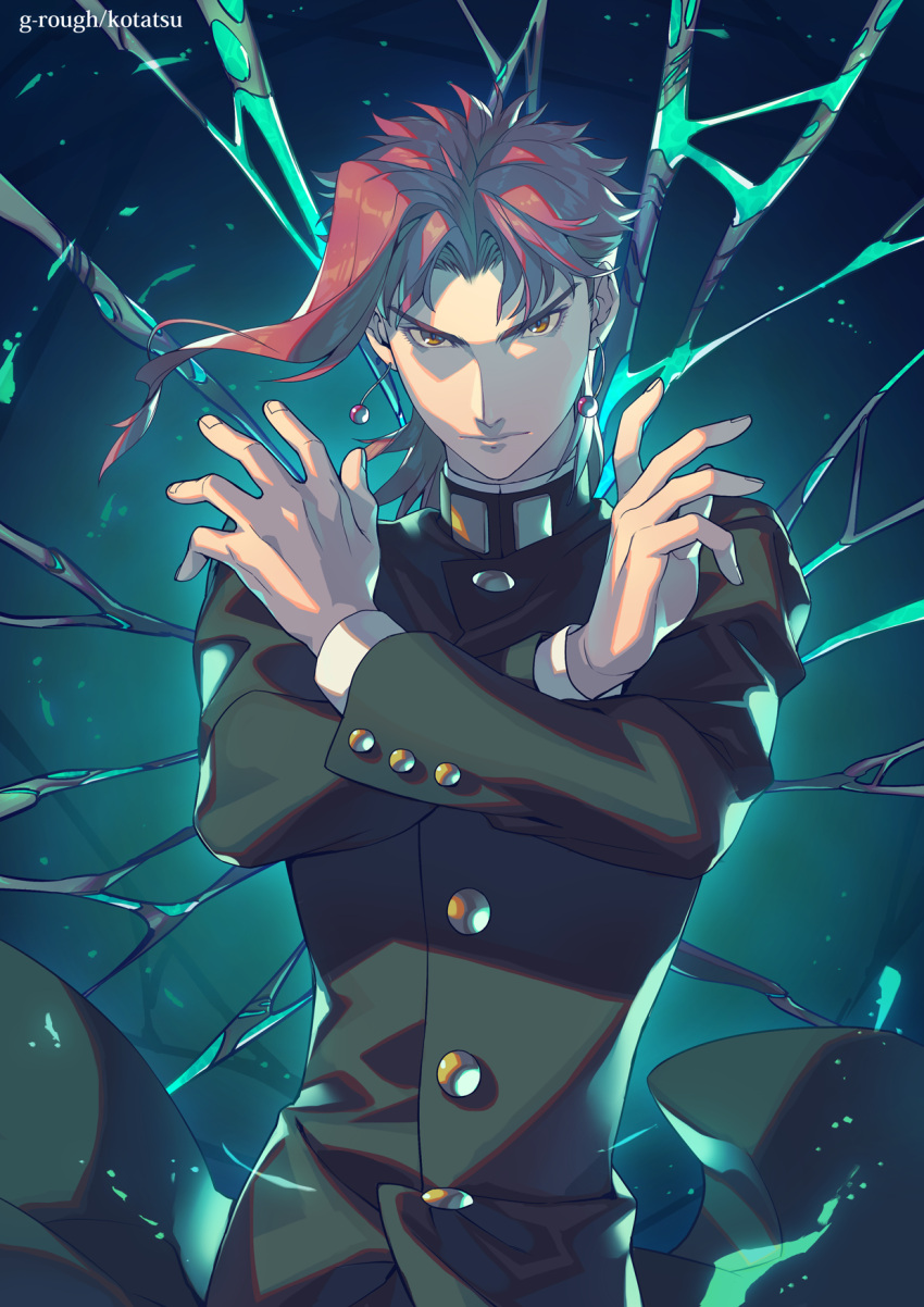 1boy artist_name closed_mouth crossed_arms earrings fingernails green_jacket hierophant_green highres jacket jewelry jojo_no_kimyou_na_bouken kakyouin_noriaki kotatsu_(g-rough) light_frown long_sleeves looking_at_viewer male_focus redhead serious short_hair_with_long_locks solo stand_(jojo) standing stardust_crusaders upper_body v-shaped_eyebrows yellow_eyes