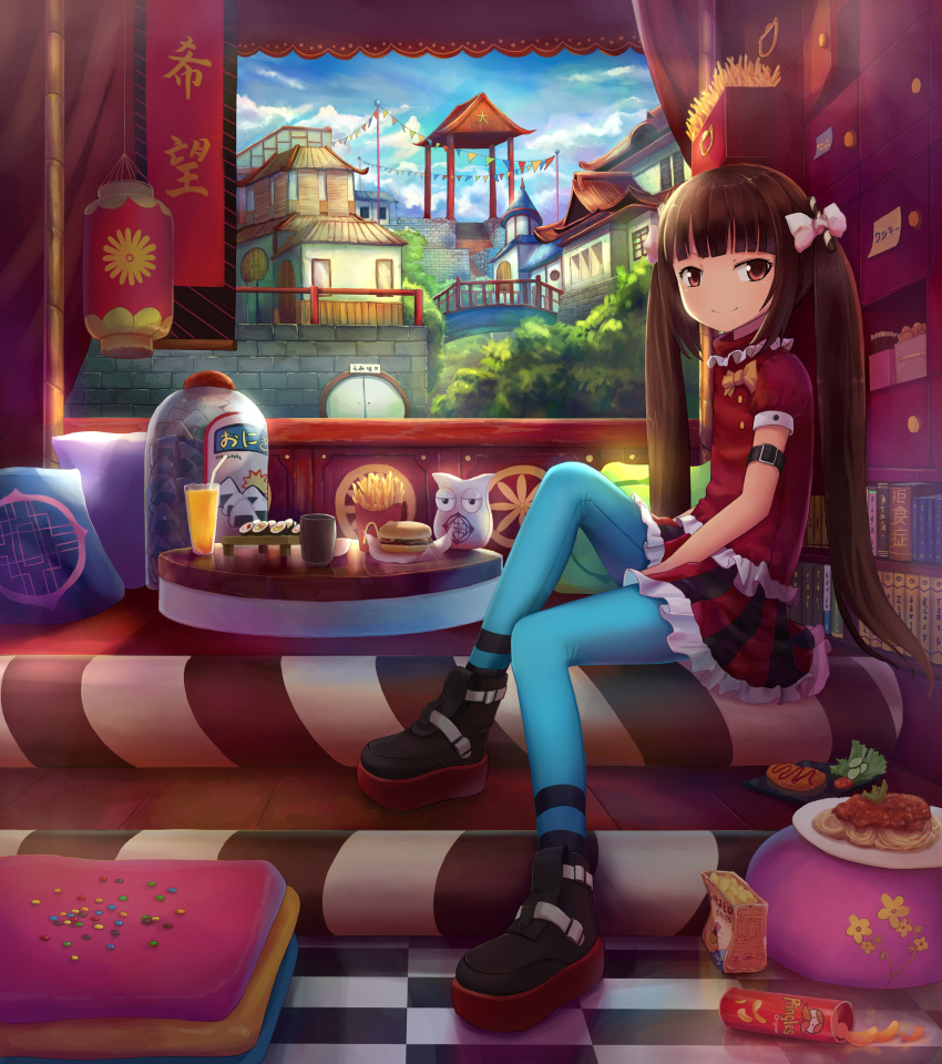1girl aqua_legwear arm_belt blue_sky book bow brown_eyes brown_hair candy clouds drink food french_fries hamburger highres liclac long_hair looking_at_viewer mcdonald's omurice onigiri pasta pillow platform_footwear pringles sitting skirt sky smile solo spaghetti string_of_flags striped striped_skirt sushi tile_floor tiles twintails white_bow