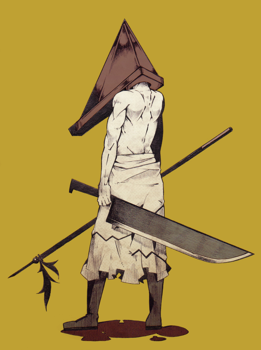 1boy blood commentary_request gloves great_knife helmet highres knife male_focus monster muscle pyramid_head silent_hill silent_hill_2 sword weapon
