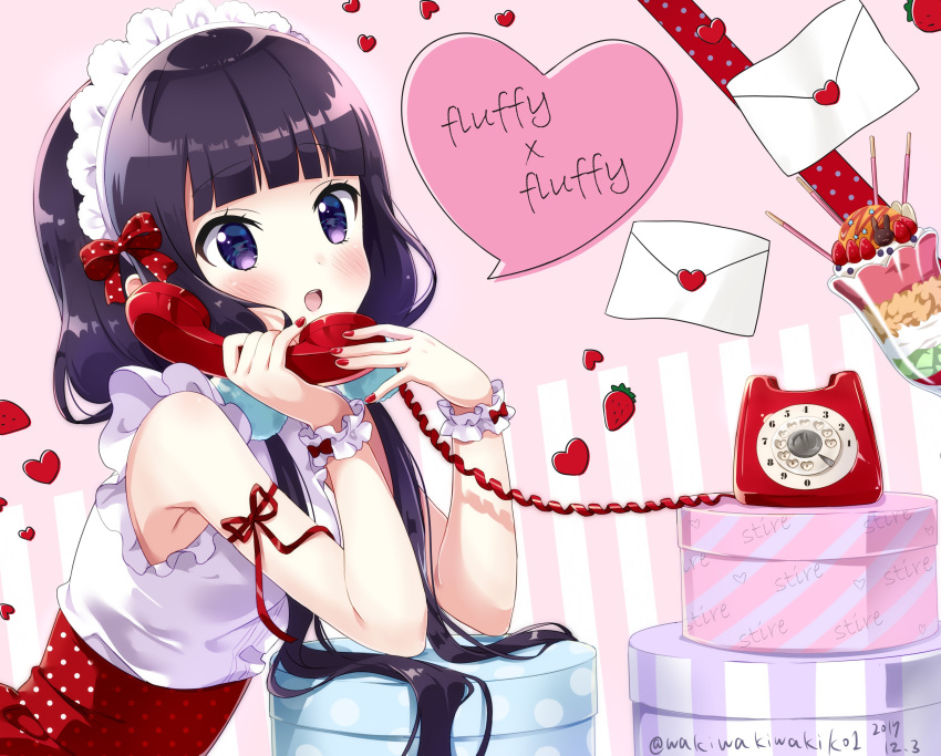 :d absurdres arm_ribbon blend_s blush bow box commentary_request corded_phone dated food frilled_shirt frills fruit hair_bow hands_up headdress heart highres holding holding_phone letter long_hair love_letter low_twintails nail_polish neki_(wakiko) open_mouth parfait phone pocky polka_dot polka_dot_bow polka_dot_skirt purple_hair red_bow red_nails red_ribbon red_skirt ribbon rotary_phone sakuranomiya_maika scrunchie shirt skirt sleeveless sleeveless_shirt smile strawberry talking_on_phone twintails twitter_username upper_teeth very_long_hair violet_eyes white_scrunchie white_shirt wrist_scrunchie