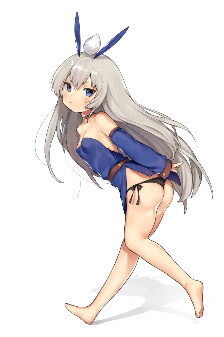 1girl animal_ears ass bangs bare_legs bare_shoulders barefoot belt black_panties blue_dress blue_eyes blush breasts copyright_request detached_sleeves dress eyebrows_visible_through_hair from_side full_body grey_hair highres little_mea long_hair long_sleeves looking_at_viewer no_bra panties pout rabbit_ears short_dress side-tie_panties simple_background small_breasts standing standing_on_one_leg underwear very_long_hair walking white_background